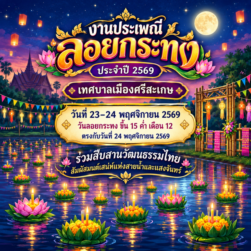 งานประเพณีลอยกระทง ประจำปี 2569 ของเทศบาลเมืองศรีสะเกษ วันที่ 23–24 พฤศจิกายน 2569